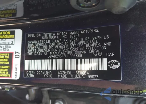 2020 Lexus Es 300H from USA, damaged, VIN 58AD21B13LU004889